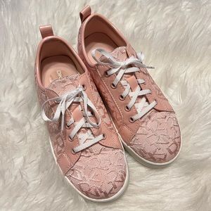 DKNY Pastel Pink Sneakers Shoes All Over Logo Print Lace Up  Size 12 kids